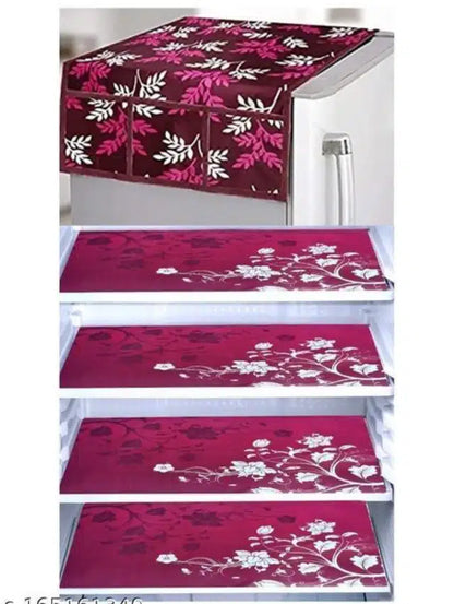 Knit Printed Fridge 4 Pcs Mat with Top Cover (Wine, Set of 1)